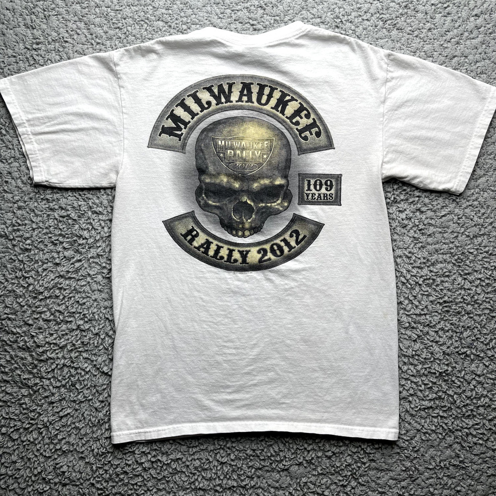 Milwaukee Rally Shirt Men Medium Motorcycle Biker Crew Neck 2012 Skull Tee *FLAW